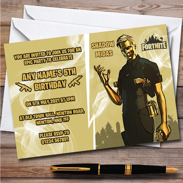 Shadow Midas Gaming Comic Style Fortnite Skin Birthday Party Invitations