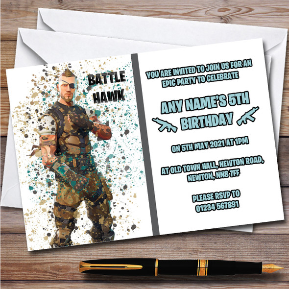 Splatter Art Gaming Fortnite Battle Hawk Children's Birthday Party Invitations