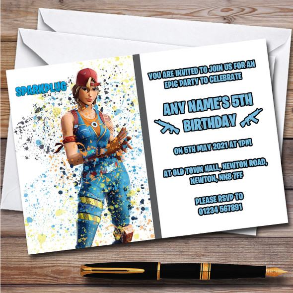 Splatter Art Gaming Fortnite Sparkplug Children's Birthday Party Invitations