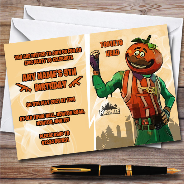 Tomato Head Gaming Comic Style Fortnite Skin Birthday Party Invitations