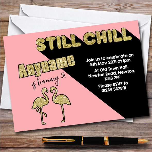 Flamingo You Tuber Still Chill Sparkly Gold & Pink Birthday Party Invitations