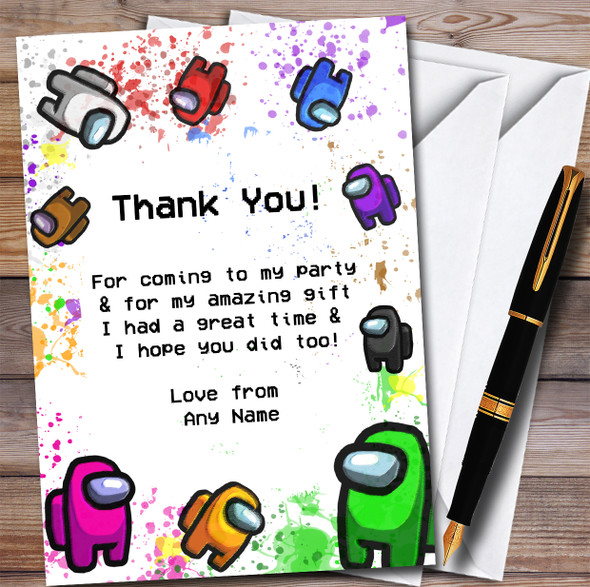 Among Us Characters & Pets In Space Splatter Art Birthday Party Thank You Cards