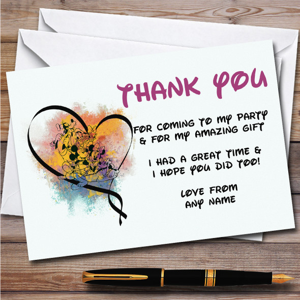 Mickey Mouse Characters Watercolour Splatter Birthday Party Thank You Cards