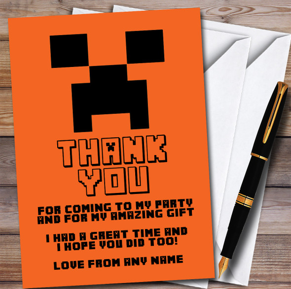 Minecraft Creeper Hot Orange Children's Birthday Party Thank You Cards