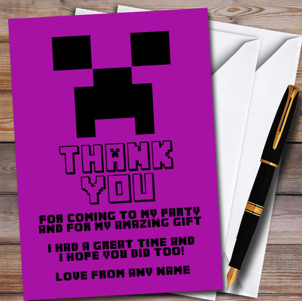 Minecraft Creeper Purple Children's Personalised Birthday Party Thank You Cards