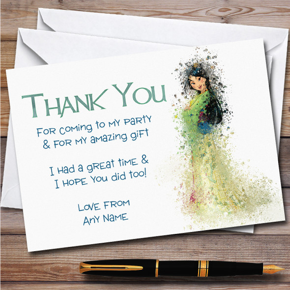 Mulan Watercolour Splatter Children's Birthday Party Thank You Cards