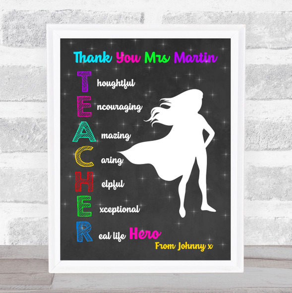 Chalk Teacher Long Hair Superhero Lady Thank You Personalised Wall Art Print