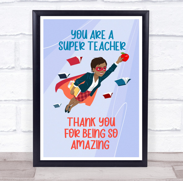 Teacher Thank You Brown Short Hair Flying Books Personalised Wall Art Print