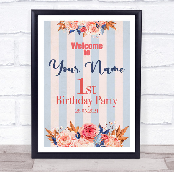 Pastel Pink And Blue Stripes Floral Birthday Personalised Event Party Sign