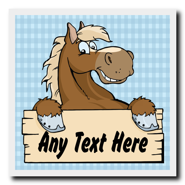 Blue Check Cartoon Horse Personalised Drinks Mat Coaster