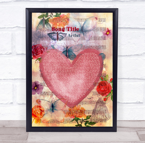 Bright Floral Heart Rose Vintage Any Song Lyric Personalised Music Art Print