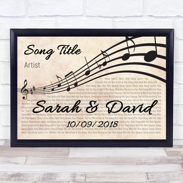 Landscape Wavy Music Notes Names & Dates Any Song Lyric Personalised Music Print