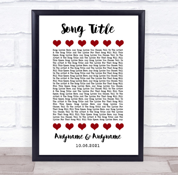 Red Hearts In Row Any Song Lyric Personalised Music Wall Art Print