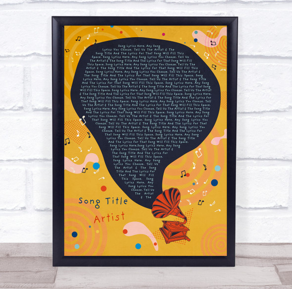 Yellow Retro Funky Gramophone Any Song Lyric Personalised Music Wall Art Print