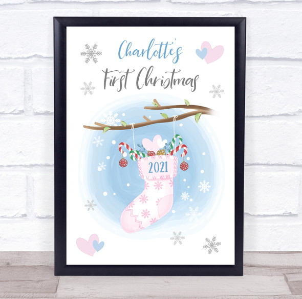 Personalised Baby First Christmas Stocking Pink Event Sign Print