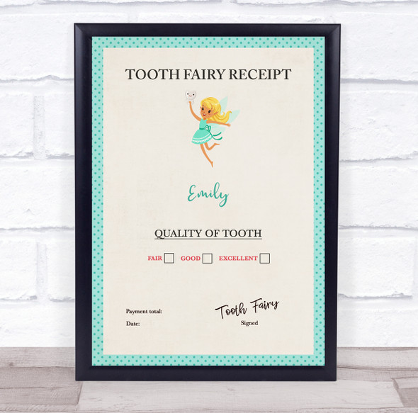 Teal Border Tooth Fairy Receipt Personalised Certificate Award Print