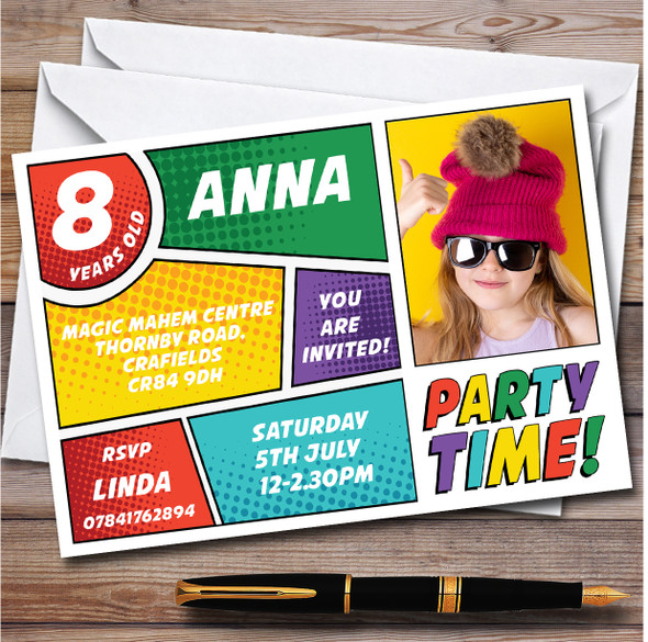 Photo Comic Book Superhero Personalised Children's Birthday Party Invitations