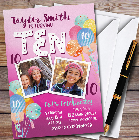 10th Birthday Photo Girl Balloons Children's Birthday Party Invitations