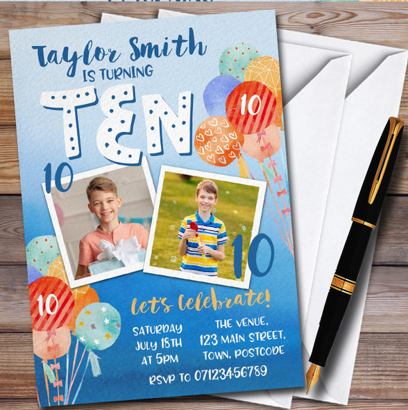 10th Birthday Boy Photo Balloons Children's Birthday Party Invitations