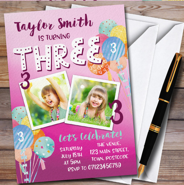 3Rd Birthday Photo Girl Balloons Children's Birthday Party Invitations