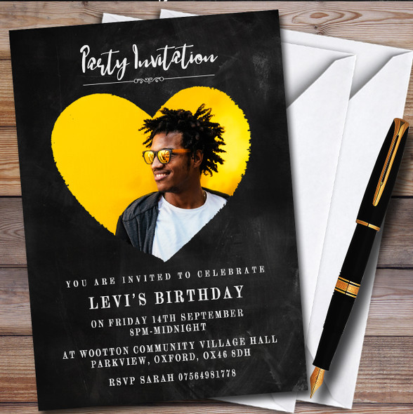 Heart Photo Grunge Black Personalised Birthday Party Invitations