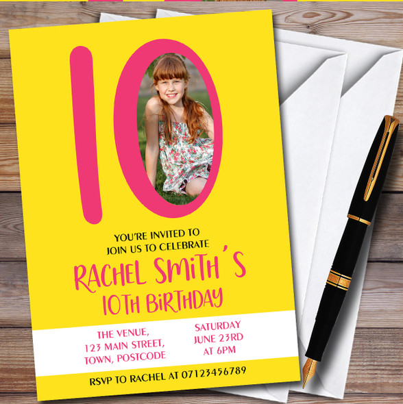 Bright Yellow Pink Photo Any Age Personalised Birthday Party Invitations