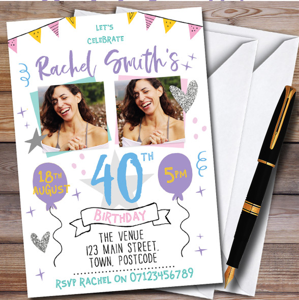 Pastel Typographic Photo 40Th Personalised Birthday Party Invitations