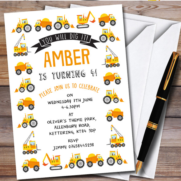 Construction You Will Dig It Personalised Children's Birthday Party Invitations
