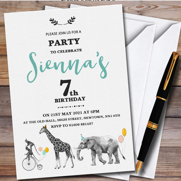Giraffe Elephant Circus Personalised Children's Kids Birthday Party Invitations