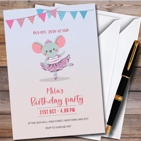Ballerina Mouse Bunting Personalised Children's Kids Birthday Party Invitations
