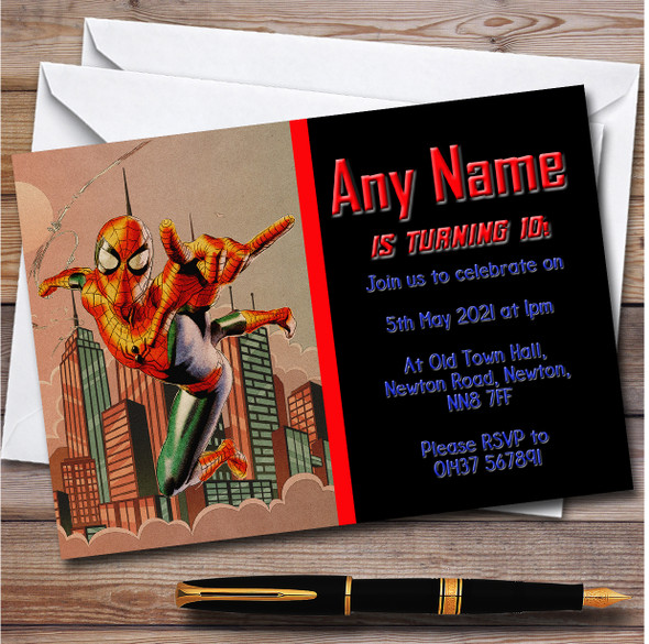 Spiderman Retro Vintage Personalised Children's Kids Birthday Party Invitations