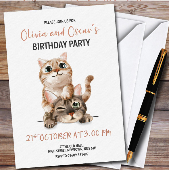Twins Siblings Cute Kittens Personalised Children's Birthday Party Invitations