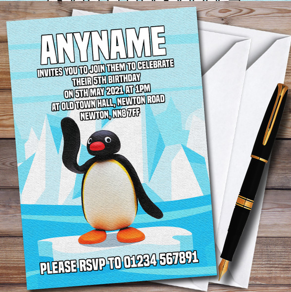 Pingu On Ice Simple Cartoon Personalised Children's Birthday Party Invitations