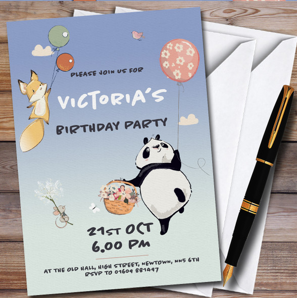 Panda And Fox Portrait Personalised Children's Kids Birthday Party Invitations