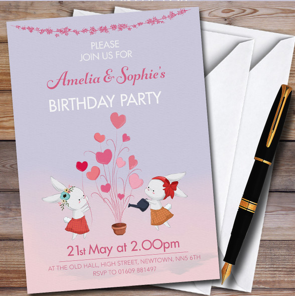 Two Girl Twins Rabbits Personalised Children's Kids Birthday Party Invitations