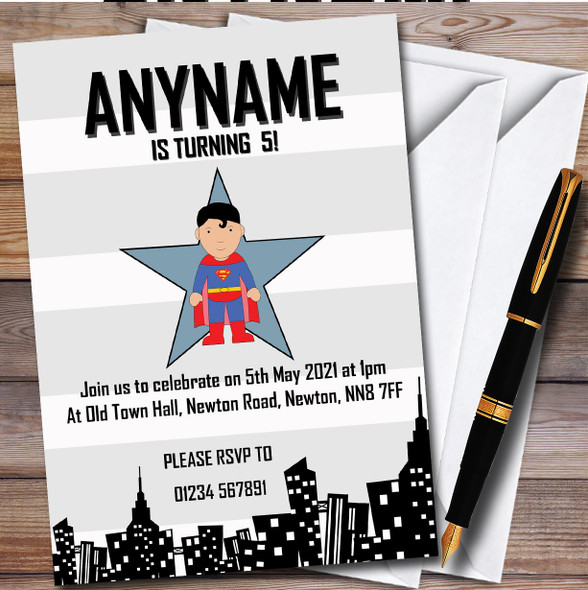 Superhero Any Age Superman Personalised Children's Birthday Party Invitations