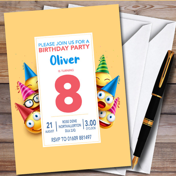 Party Hat Emoticons Yellow Personalised Children's Birthday Party Invitations
