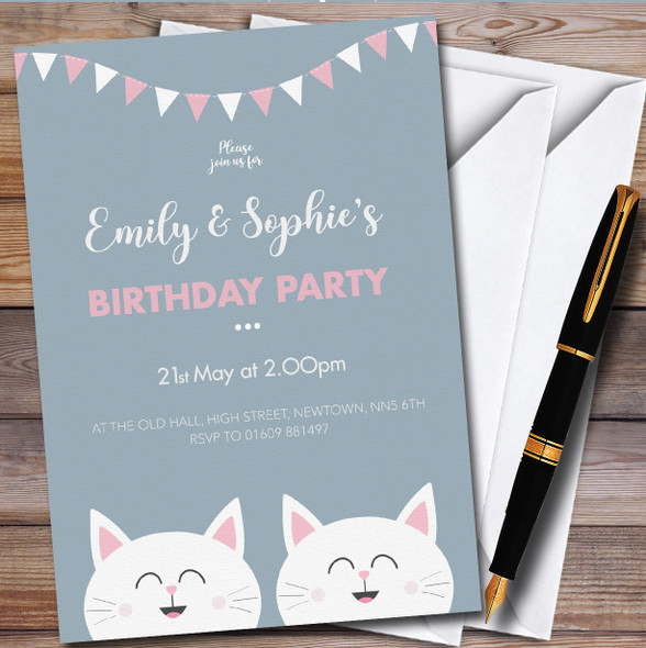 Cute White Cats Twins Personalised Children's Kids Birthday Party Invitations