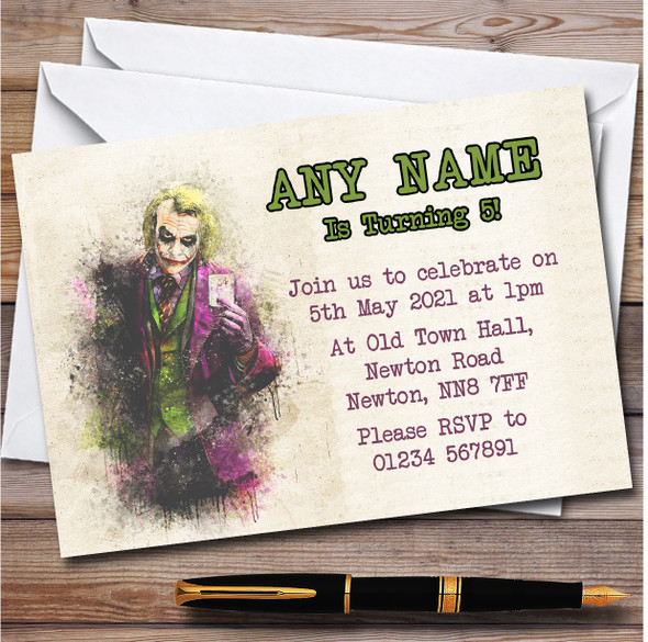 Vintage Heath Ledger Joker Watercolour Splatter Children's Party Invitations