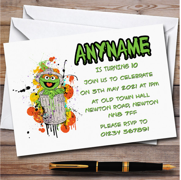 Oscar The Grouch Splatter Personalised Children's Birthday Party Invitations