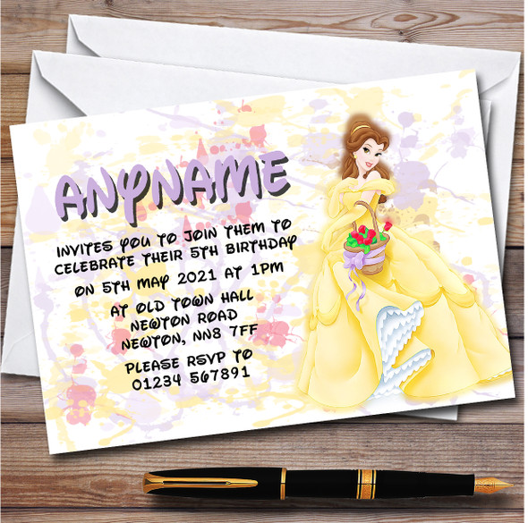 Belle Disney Splatter Art Personalised Children's Birthday Party Invitations