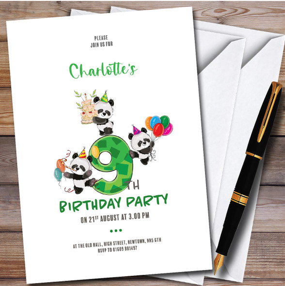 Cute Panda Bears 9Th Personalised Children's Kids Birthday Party Invitations