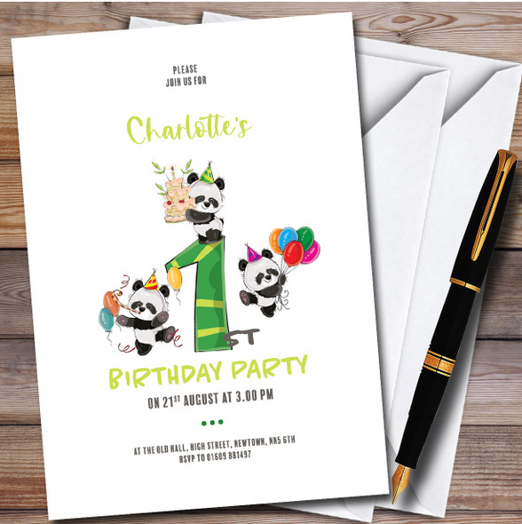 Cute Panda Bears 1St Personalised Children's Kids Birthday Party Invitations