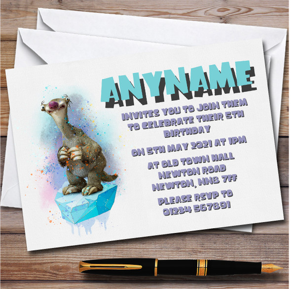 Ice Age Blue Sid Watercolour Splatter Children's Birthday Party Invitations