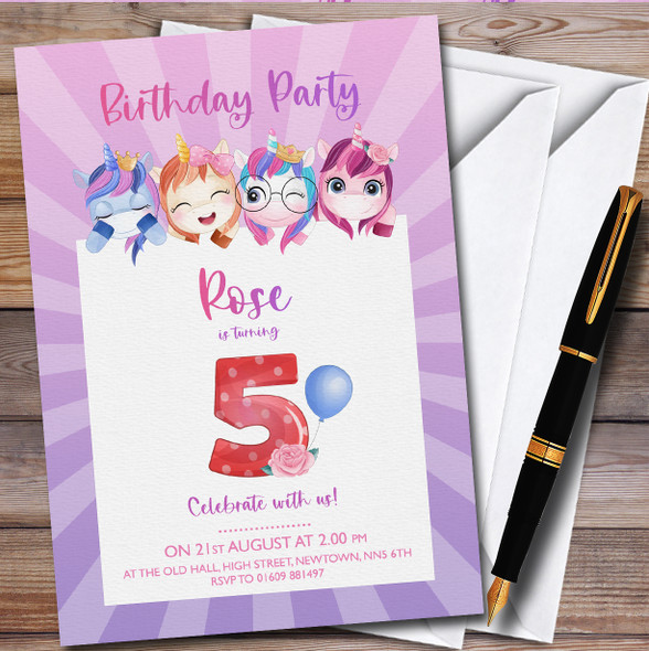 Unicorns Purple 5Th Personalised Children's Kids Birthday Party Invitations