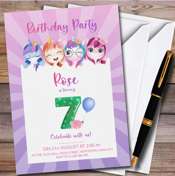 Unicorns Purple 7Th Personalised Children's Kids Birthday Party Invitations