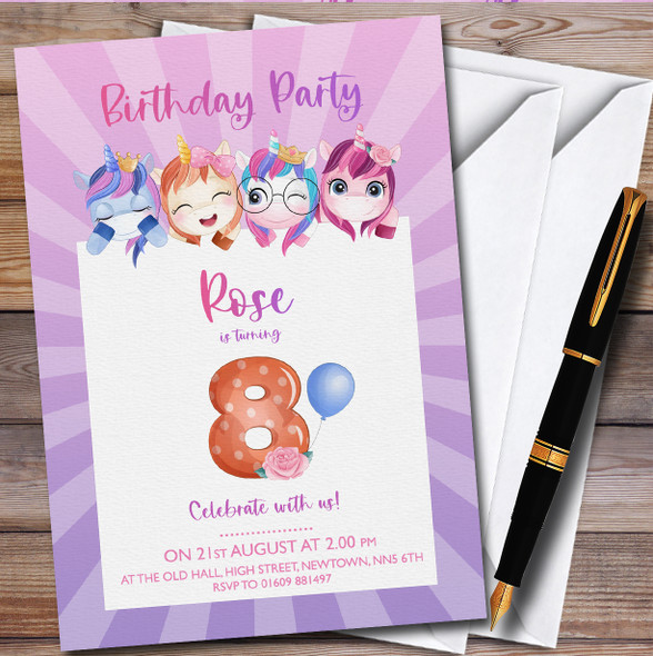 Unicorns Purple 8Th Personalised Children's Kids Birthday Party Invitations