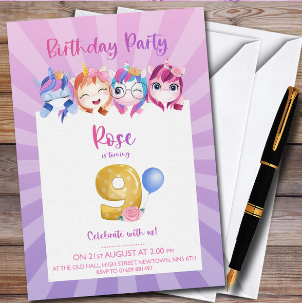 Unicorns Purple 9Th Personalised Children's Kids Birthday Party Invitations
