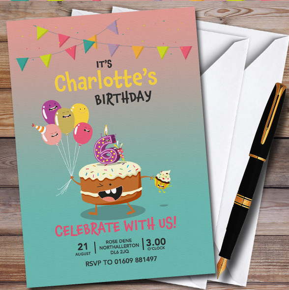 Cake & Balloons 6Th Personalised Children's Kids Birthday Party Invitations