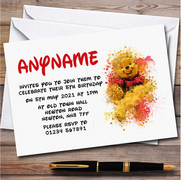 Winnie The Pooh Watercolour Splatter Children's Birthday Party Invitations
